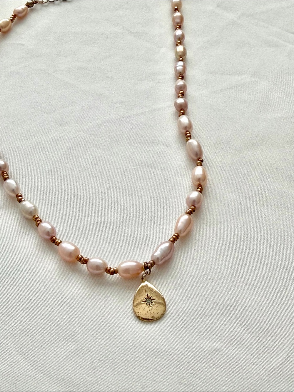 Freshwater Pearl Beaded Necklace with Gold Teardrop Charm - Pink Pearls